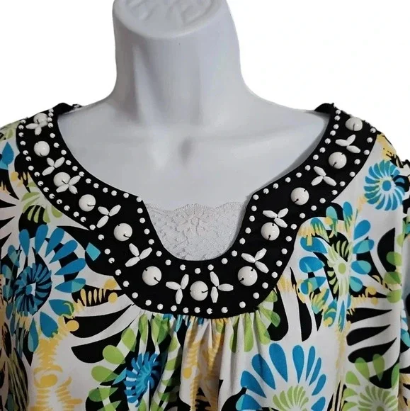R.Q.T. Women 2X Blouse Multicolor Polyester Tropical Floral Top Statement Resort - Picture 3 of 7
